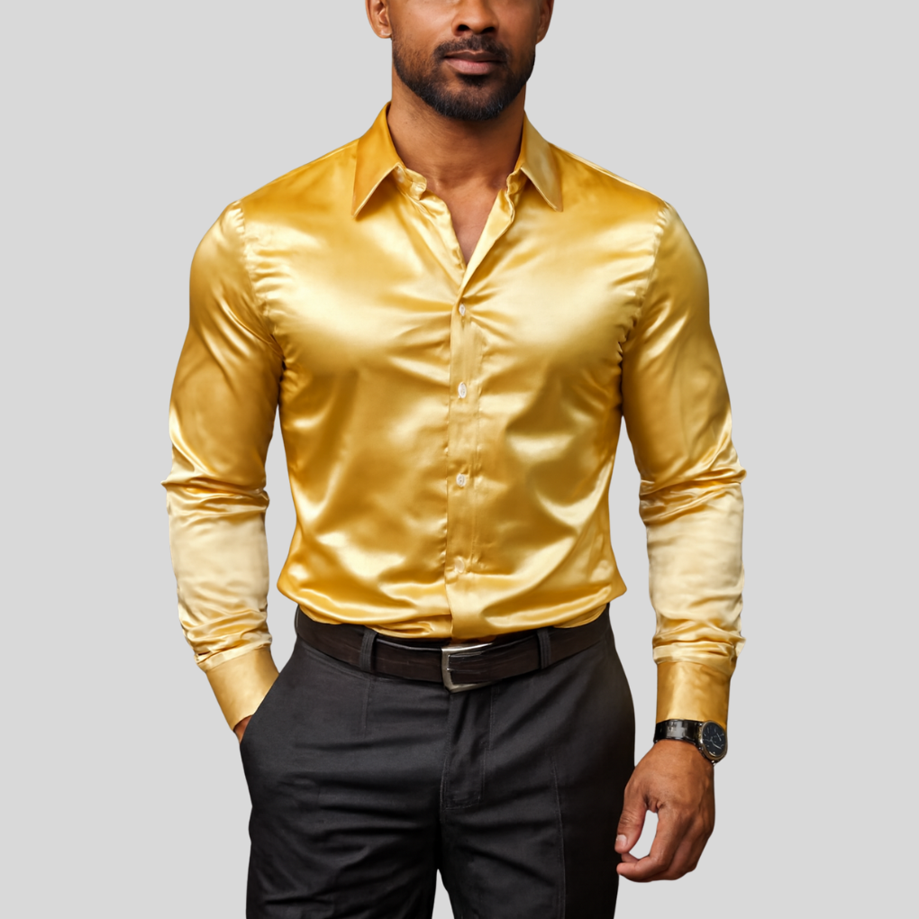"Classic long sleeve men's stretch shirt in premium cotton blend, featuring a timeless collar and button-down front."