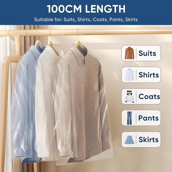 Dust-proof, moth-proof clear garment bags for clothing storage and travel protection.