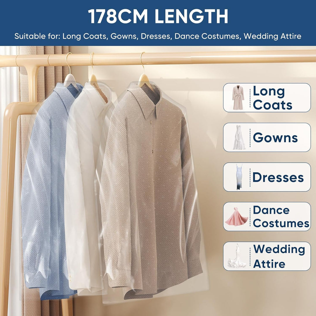 Large clear garment covers, 50-pack, for suits, dresses, coats; ideal for home & travel.