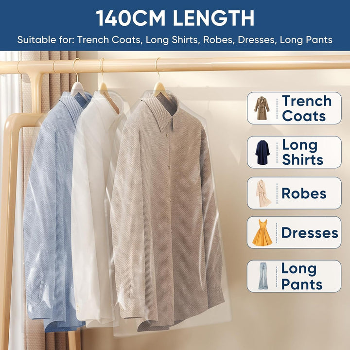 Durable clear clothes covers for wardrobe storage, keeping garments dust-free & organized.