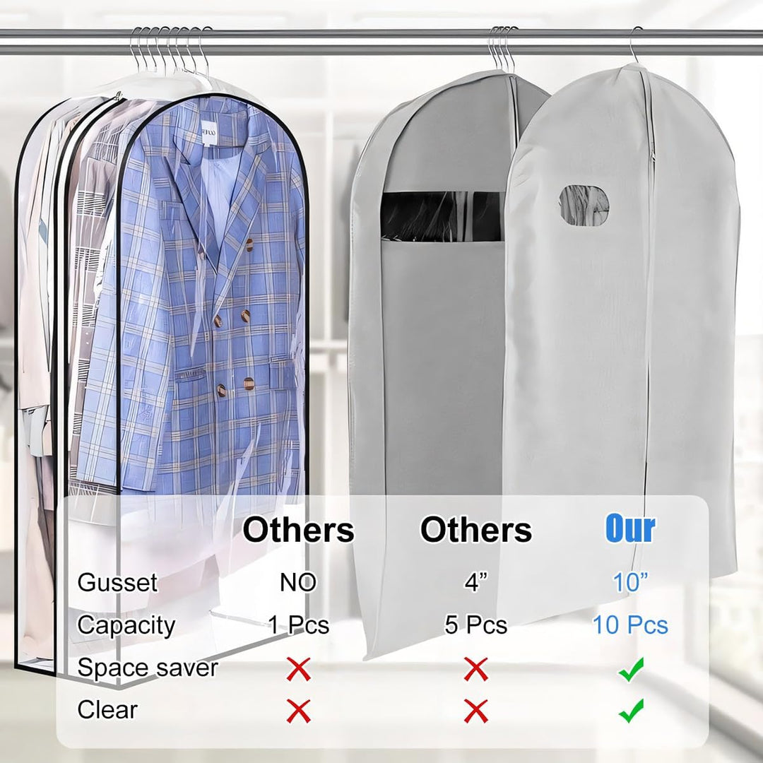 Space-saving clear garment covers, 6-pack for efficient closet organization & clothing protection.