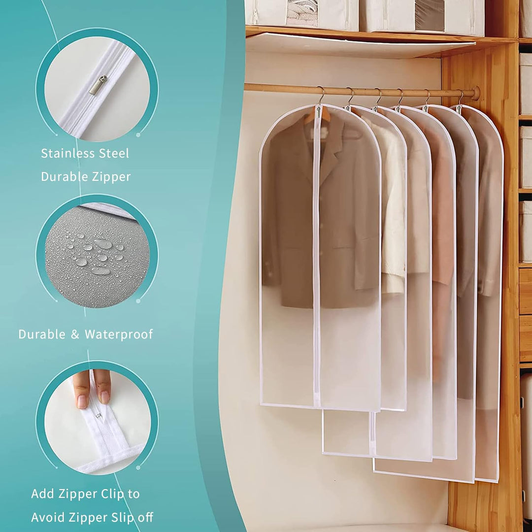 Unisex PEVA garment bags for closet organization & travel. Keep clothes dust-free.