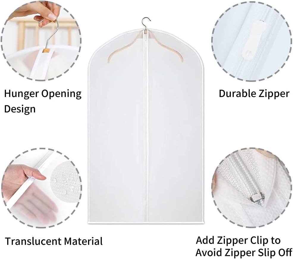 12 clear PEVA garment bags for suits, gowns, coats. Excellent dust protection.