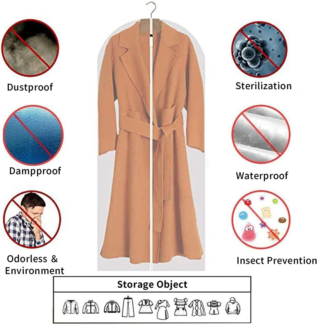 12-pack clear PEVA clothes protectors for suits, dresses. Ideal for home storage.