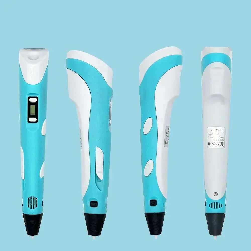 Colorful 3D drawing pen with an LCD screen for kids, featuring vibrant colors and adjustable settings for creative fun.