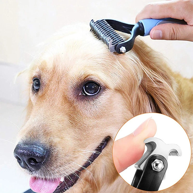 "Colorful deshedding brush for dogs and cats, ergonomic handle, stainless-steel edges, reduces shedding efficiently."