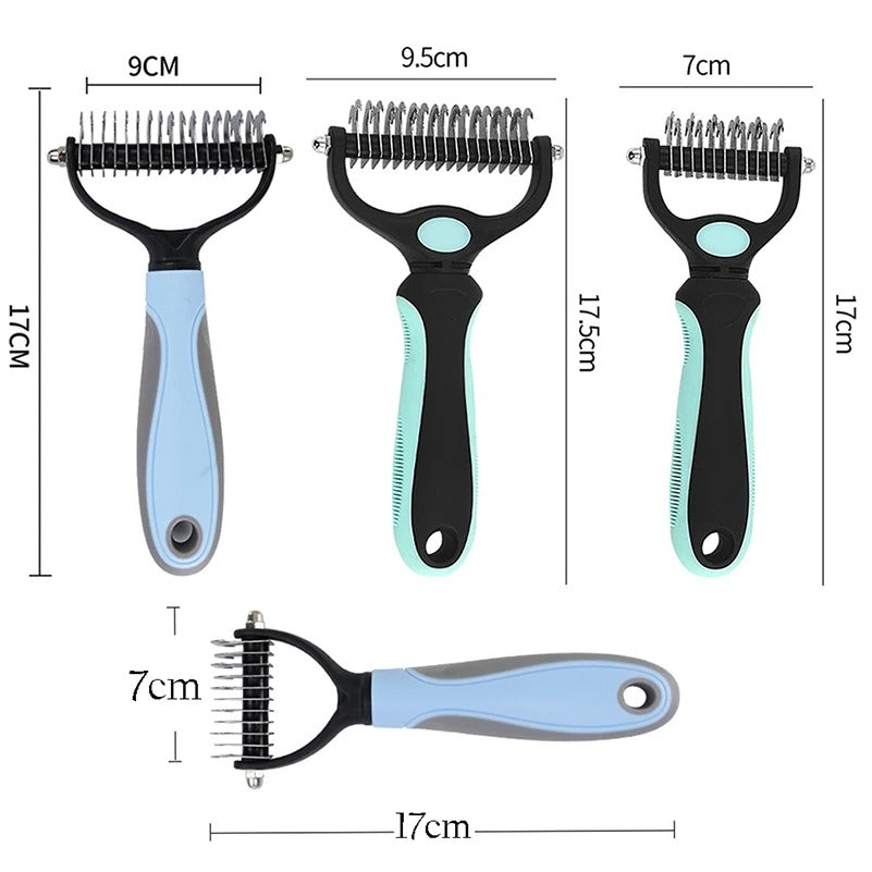 "Colorful deshedding brush for dogs and cats, ergonomic handle, stainless-steel edges, reduces shedding efficiently."