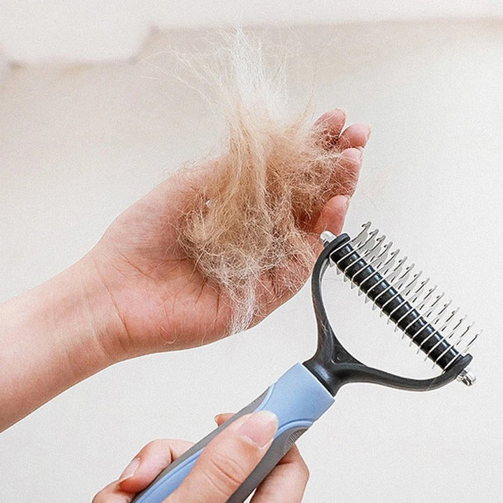 "Colorful deshedding brush for dogs and cats, ergonomic handle, stainless-steel edges, reduces shedding efficiently."