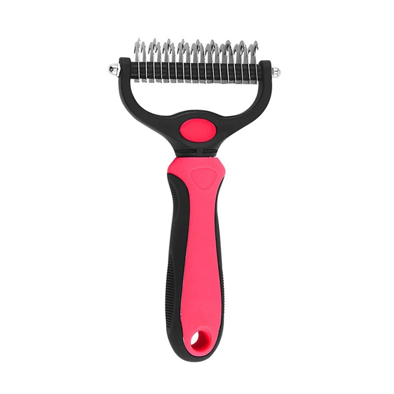 "Colorful deshedding brush for dogs and cats, ergonomic handle, stainless-steel edges, reduces shedding efficiently."