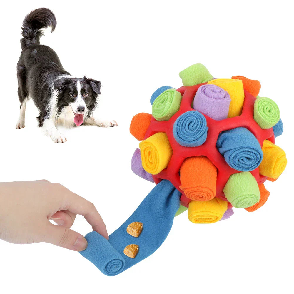 "Colorful interactive dog snuffle ball toy for mental stimulation, encourages treat discovery, plush texture for entertainmen