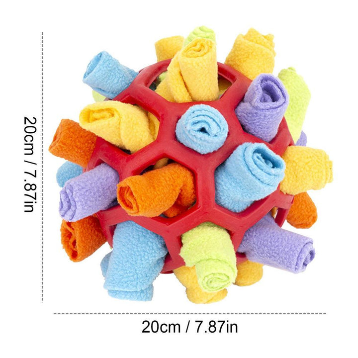 "Colorful interactive dog snuffle ball toy for mental stimulation, encourages treat discovery, plush texture for entertainmen