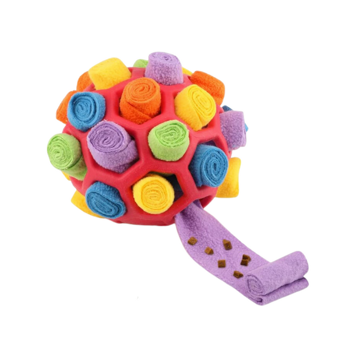 "Colorful interactive dog snuffle ball toy for mental stimulation, encourages treat discovery, plush texture for entertainmen
