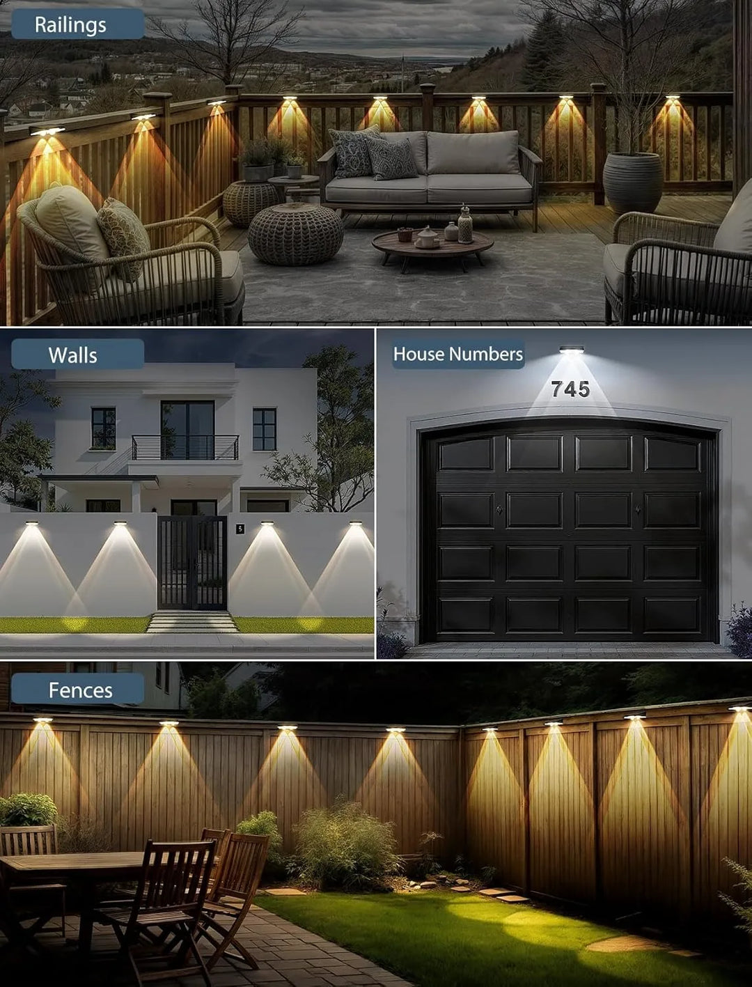 Solar Fence Lights: Vibrant 7-color LED outdoor wall lights, perfect for gardens and patios. Features auto on/off, wide LED lens, and weatherproof IP65 rating. Easy screw or adhesive installation.