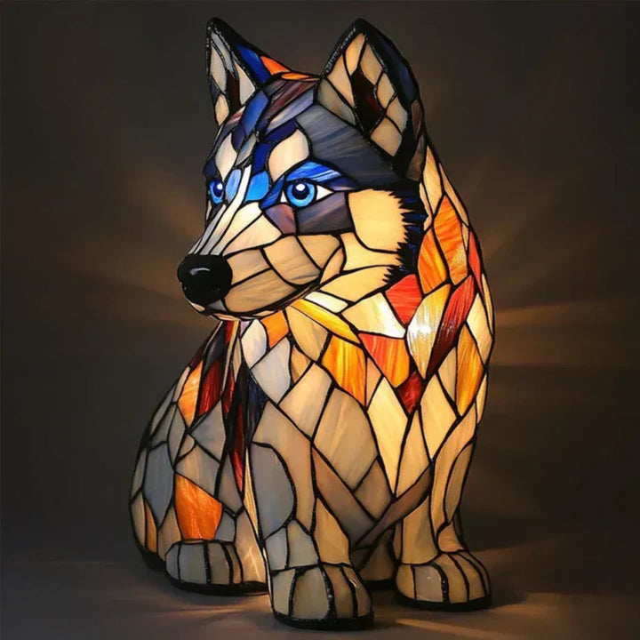 Unique stained glass dog table lamp, combining artistic craftsmanship with whimsical charm.