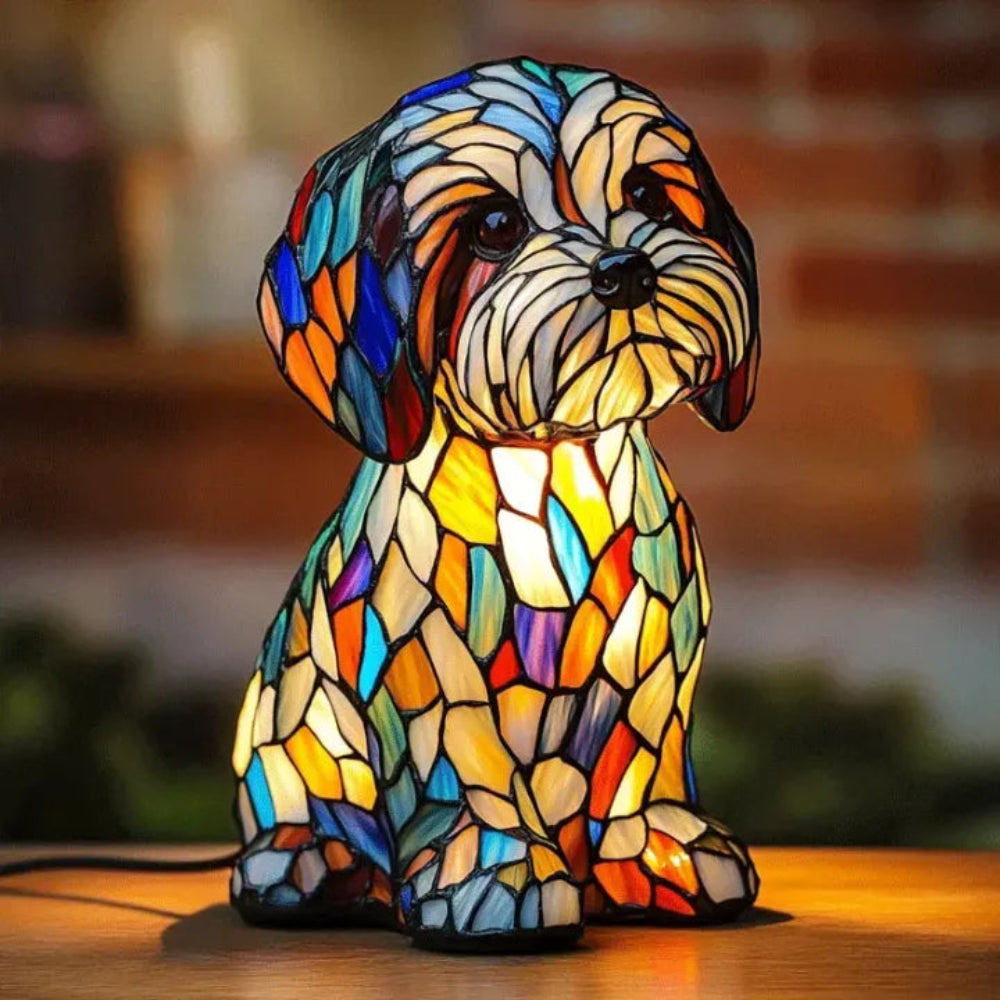 Tiffany-style stained glass dog lamp, perfect home lighting & unique accent for dog owners.
