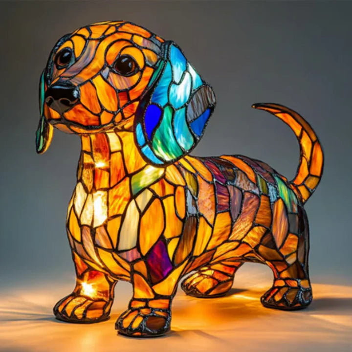 Whimsical stained glass dog table lamp, a vibrant LED animal decor light for any room.