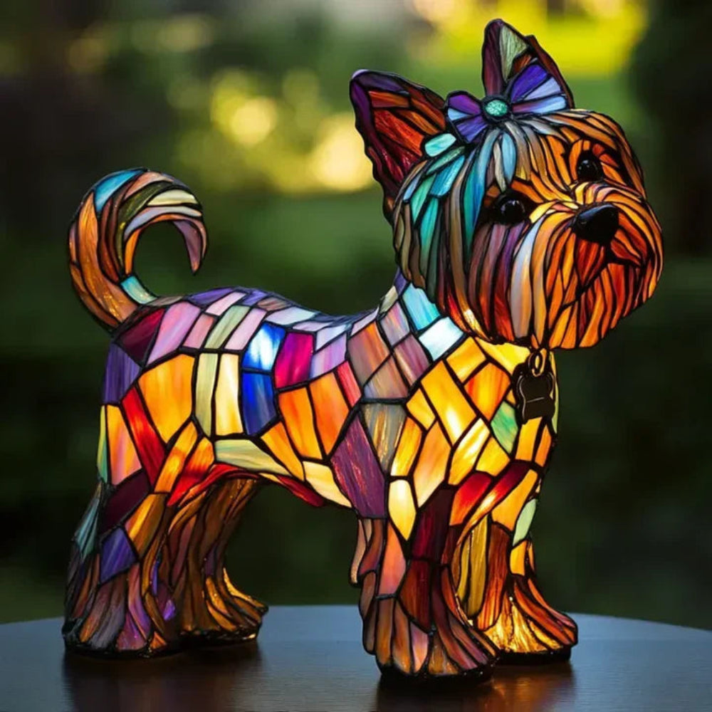 Stained glass dog table lamp with intricate details, a beautiful whimsical animal decor light.