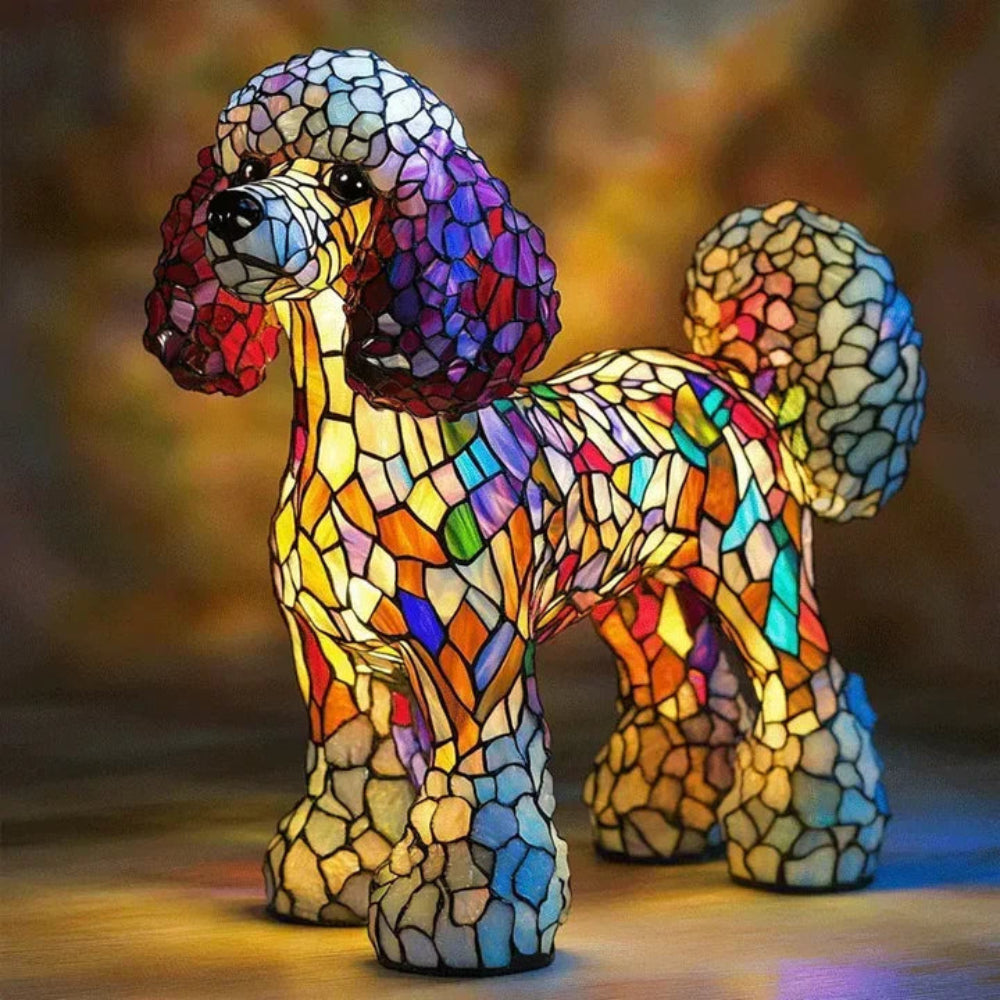 Vibrant stained glass dog lamp, a tiffany style home lighting fixture for animal decor.