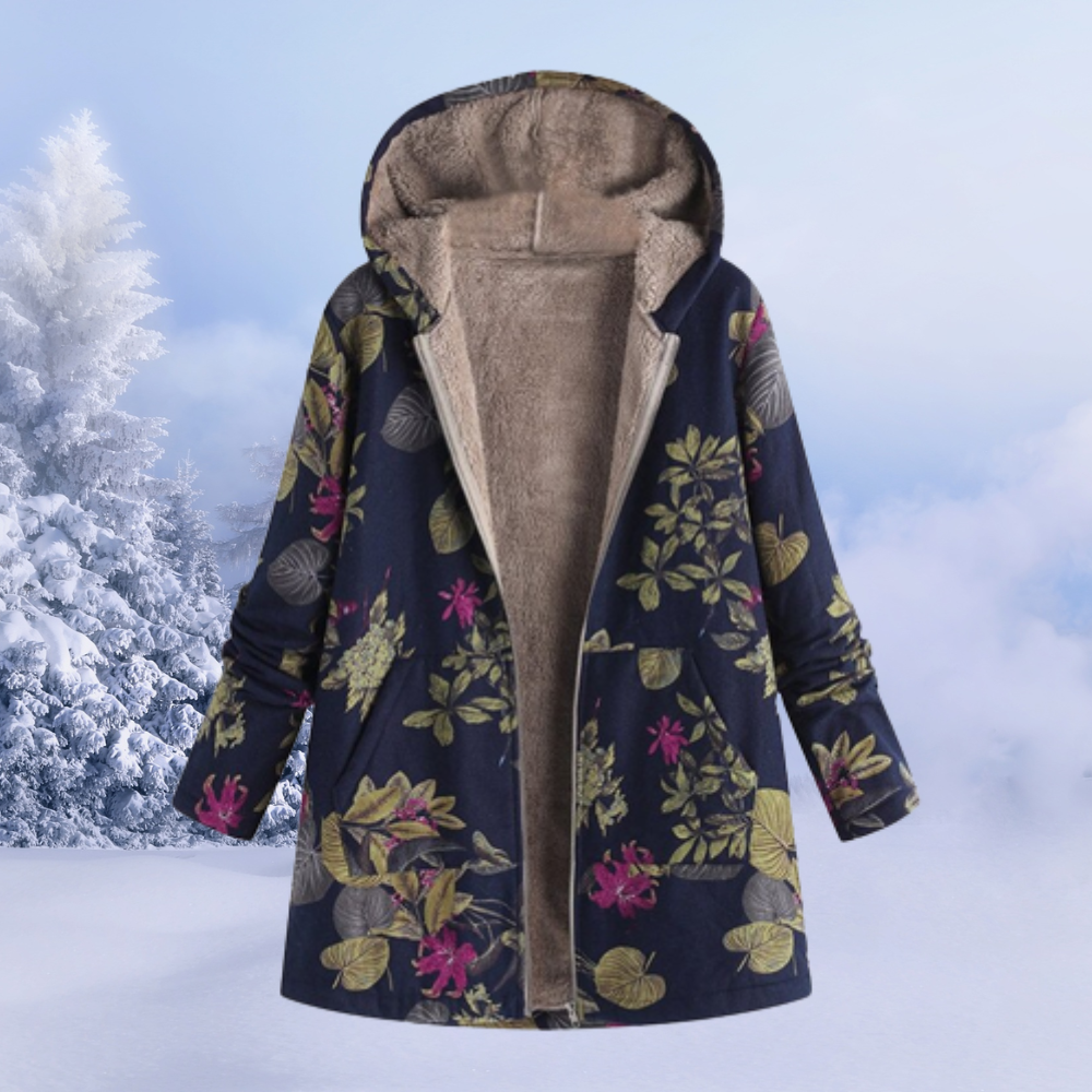 Stylish women's floral winter coat with a hood, offering comfort and warmth for chilly days.