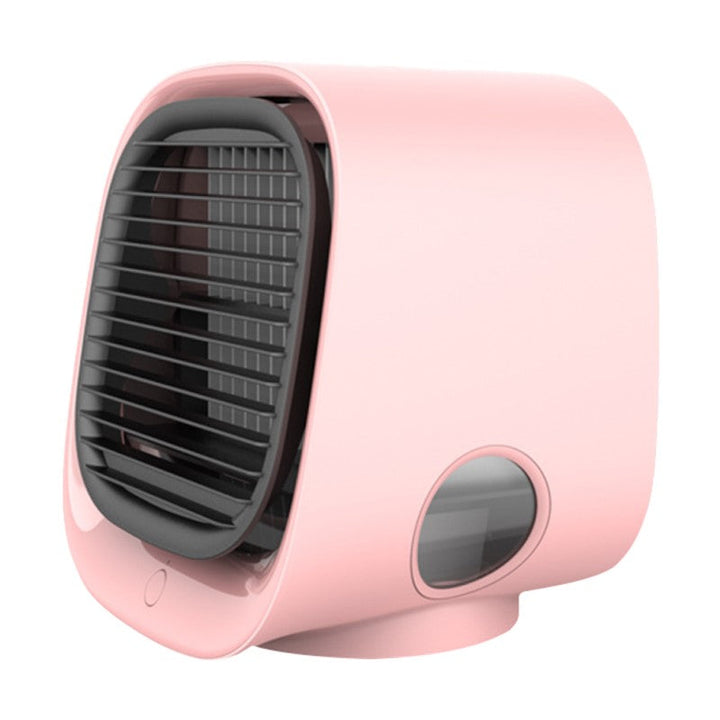 "Compact air cooler & humidifier for home or office, pink and white, desktop size with LED lighting and adjustable fan speeds