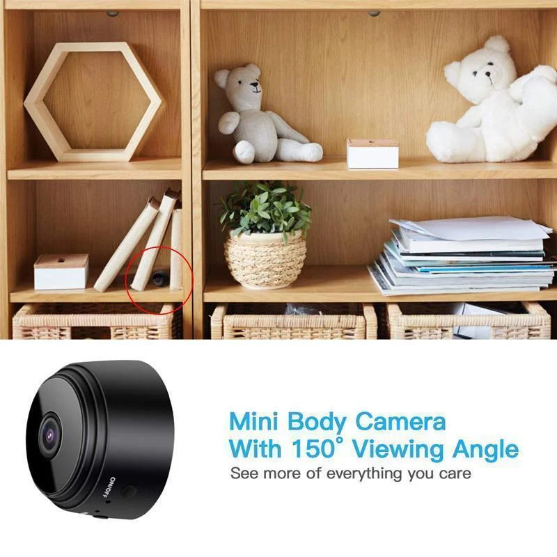 Compact black 1080p WiFi mini camera for home security with night vision, wide-angle view, and magnetic base.