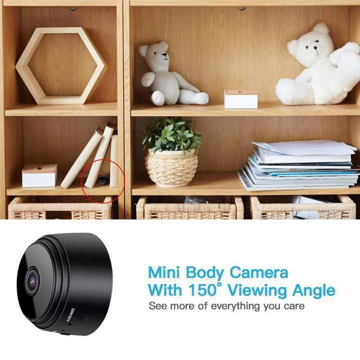 Compact black 1080p WiFi mini camera for home security with night vision, wide-angle view, and magnetic base.