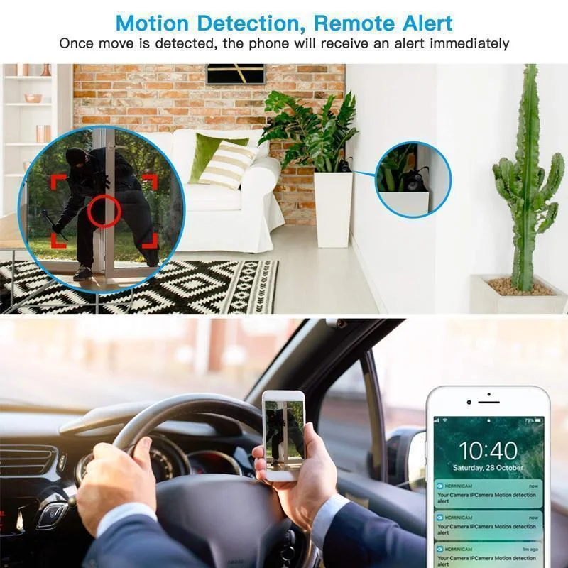 Compact black 1080p WiFi mini camera for home security with night vision, wide-angle view, and magnetic base.