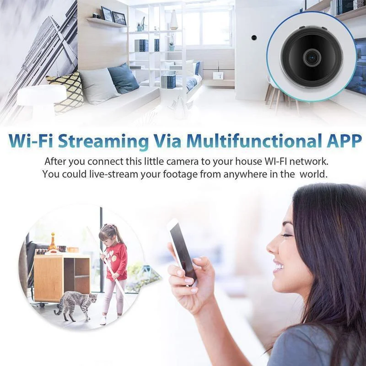 Compact black 1080p WiFi mini camera for home security with night vision, wide-angle view, and magnetic base.