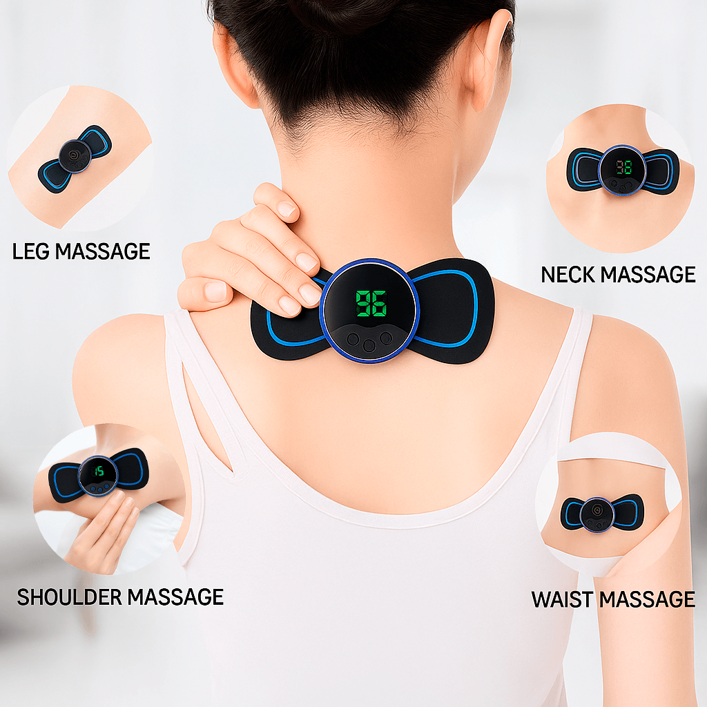Compact device offering sciatica relief and cognitive therapy, featuring ergonomic design and integrated EMS massage patches.