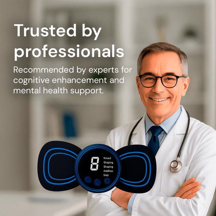 Compact device offering sciatica relief and cognitive therapy, featuring ergonomic design and integrated EMS massage patches.