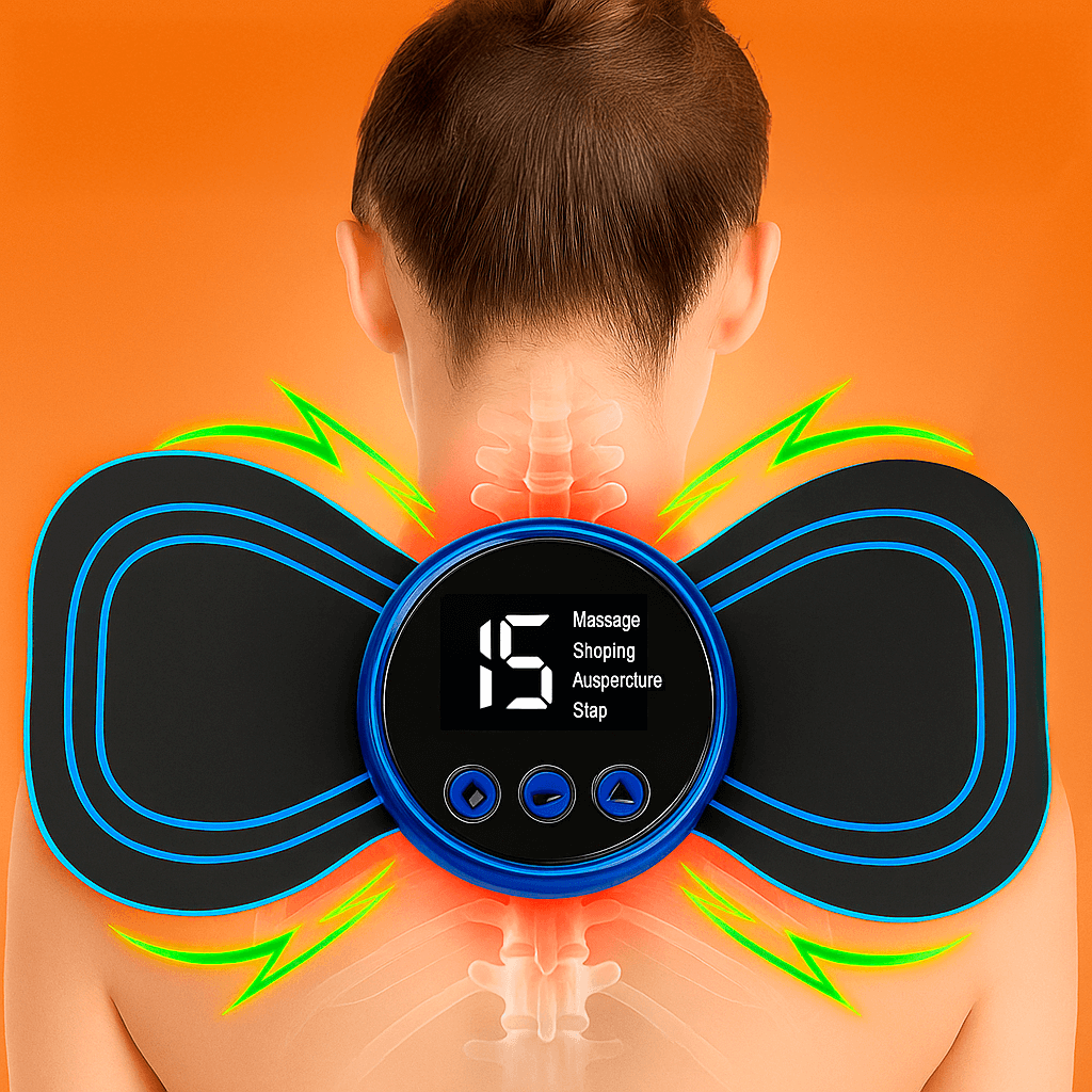 Compact device offering sciatica relief and cognitive therapy, featuring ergonomic design and integrated EMS massage patches.
