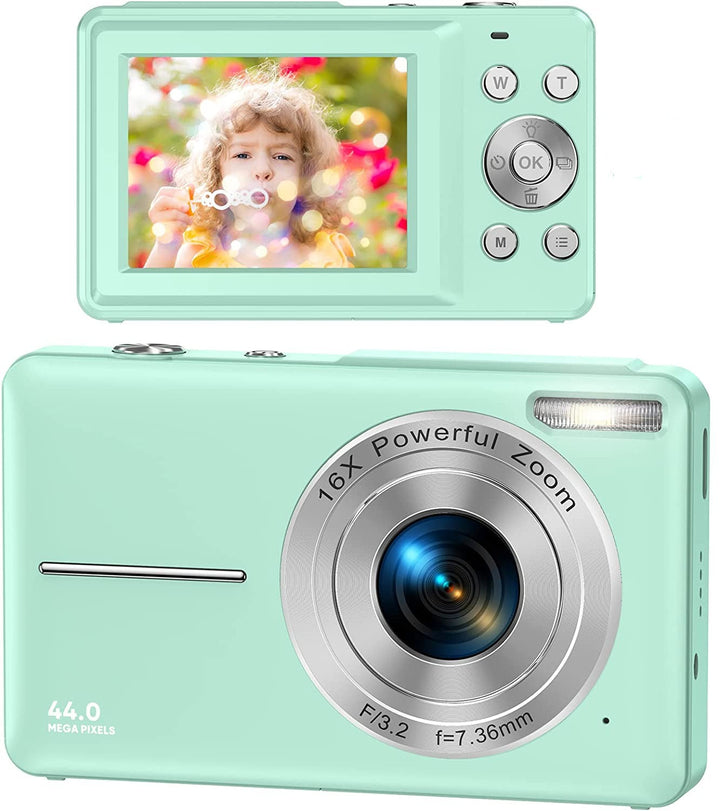 "Compact digital camera for teens, 44MP, 1080P, 16X zoom, 2.4-inch LCD, portable design"