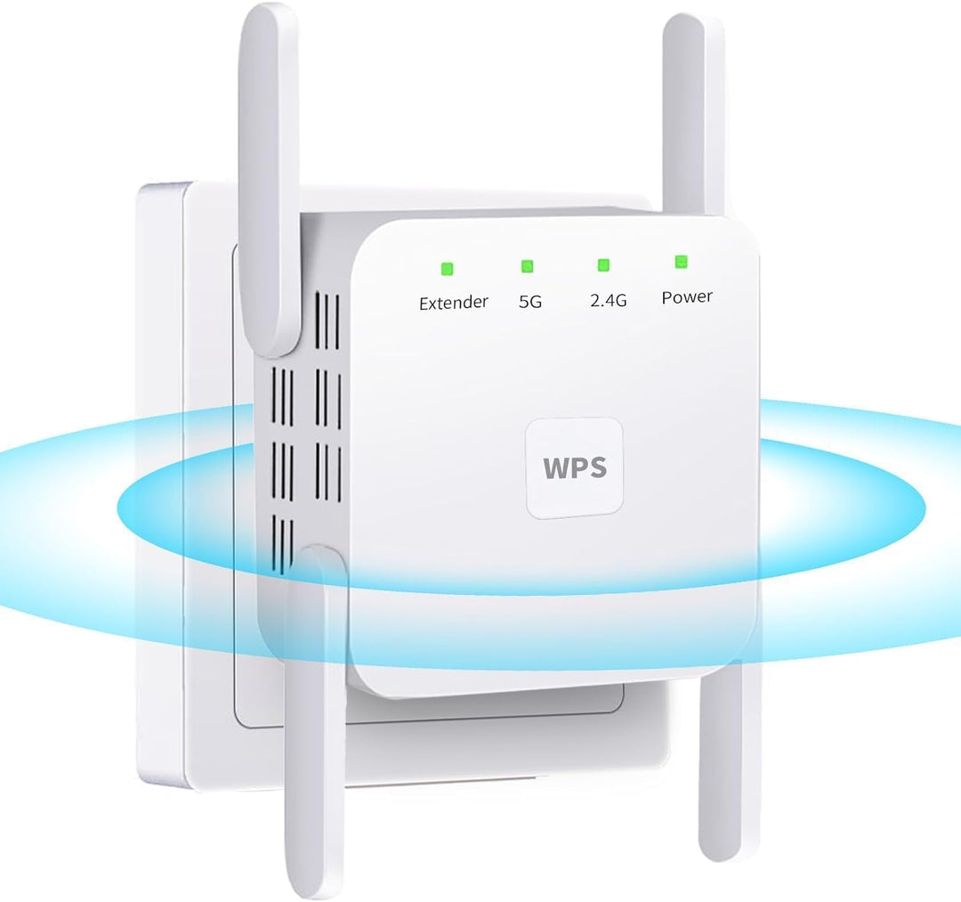 "Compact dual-band Wi-Fi extender with dual antennas, white casing, enhances home office connectivity, eliminates dead zones.