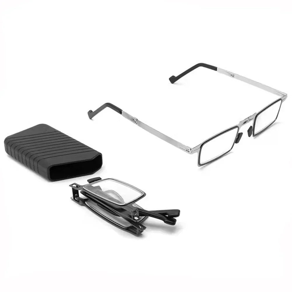 Compact foldable reading glasses, perfect for travel. Unisex design & portable vision aid.