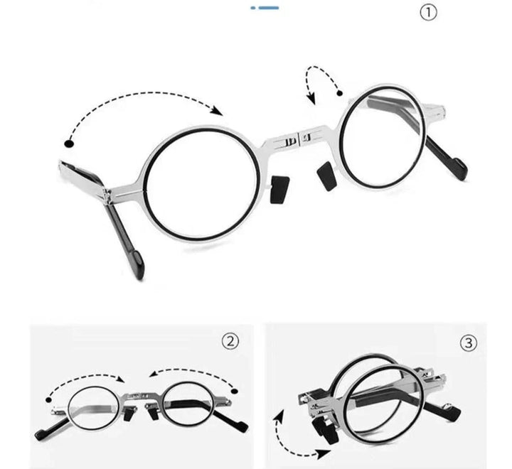 Lightweight foldable square reading glasses for men & women, compact travel readers with silver frame.