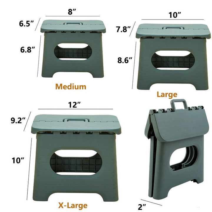 "Compact folding step stool with handle; durable plastic, various colors; perfect for kids and adults in any space."