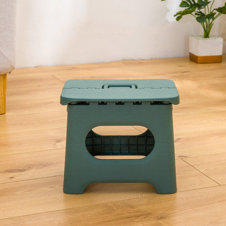 "Compact folding step stool with handle; durable plastic, various colors; perfect for kids and adults in any space."