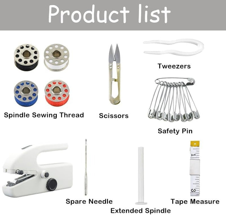 "Compact handheld sewing machine for quick repairs, portable stitching on all fabrics, includes complete sewing kit."