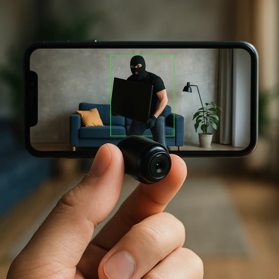 "Compact mini spy camera with WiFi, night vision; 1080P HD video, audio features for discreet surveillance."