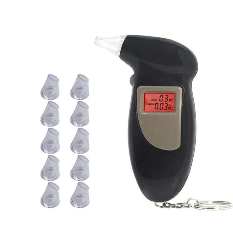 "Compact portable breathalyzer with LCD display and key ring for accurate alcohol testing; essential for personal safety."