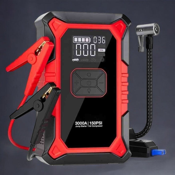 "Compact portable jump starter with built-in air compressor and USB ports, ideal roadside tool for cars and trucks."