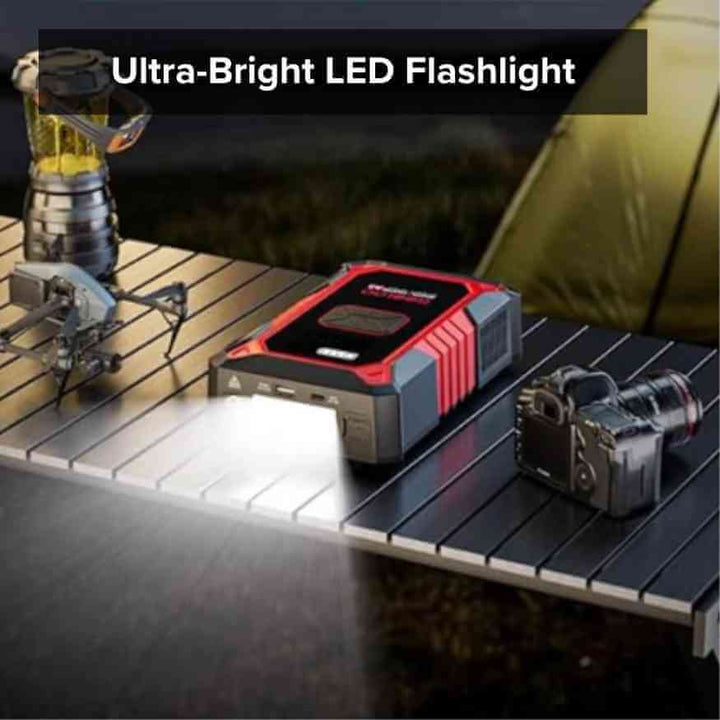 "Compact portable jump starter with built-in air compressor and USB ports, ideal roadside tool for cars and trucks."