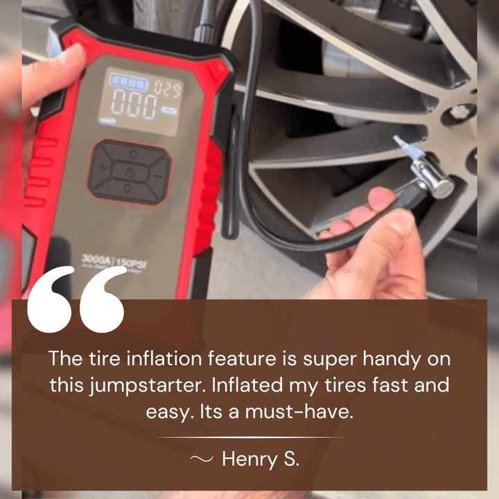 "Compact portable jump starter with built-in air compressor and USB ports, ideal roadside tool for cars and trucks."