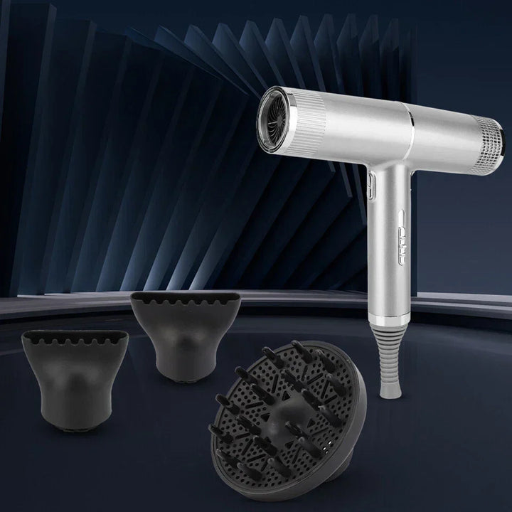 "Compact professional ionic hair dryer with sleek design, diffuser, and concentrator nozzle for salon-quality styling."