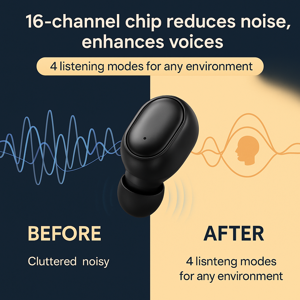 Compact, rechargeable hearing aid with behind-the-ear design for clear sound. Ideal for mild to moderate hearing loss.