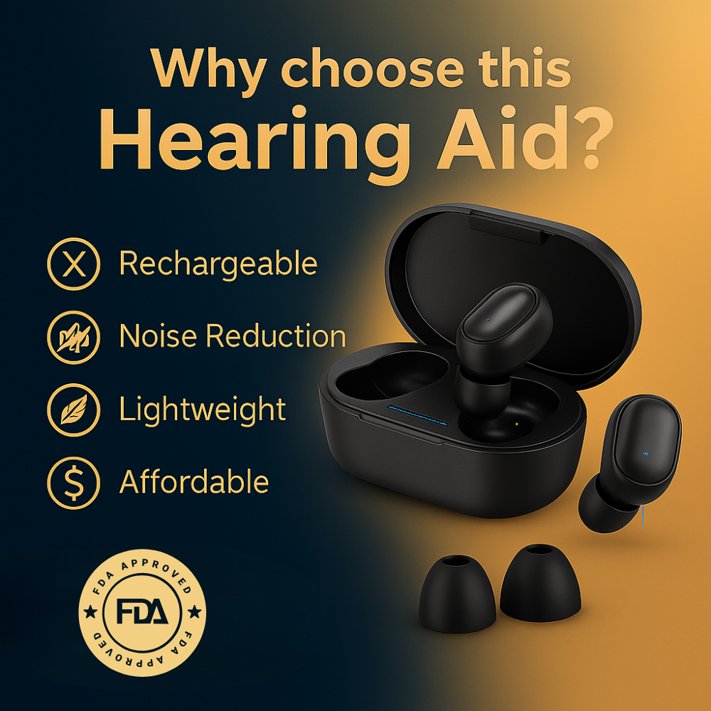 Compact, rechargeable hearing aid with behind-the-ear design for clear sound. Ideal for mild to moderate hearing loss.