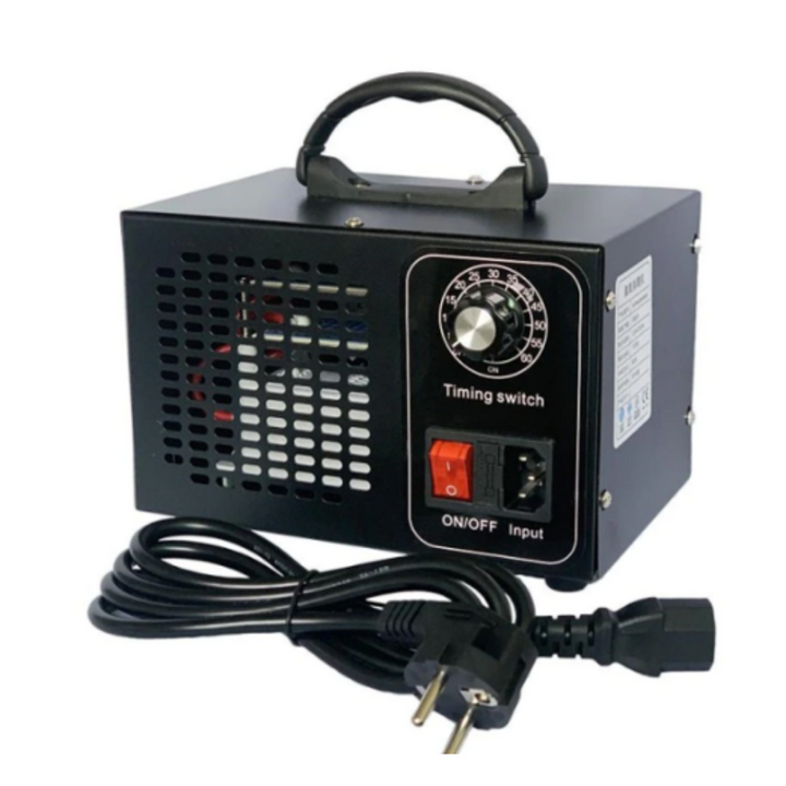 "Compact silver and white ozone generator for home air purification; eliminates odours, mould, and airborne particles."