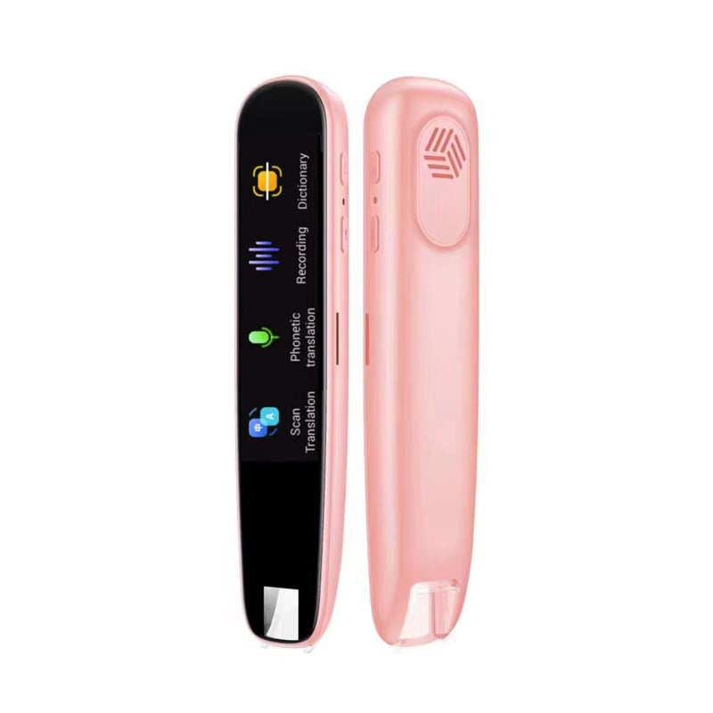 "Compact translation reading pen showing text and speech functions, supports 112 languages, ideal for students and travelers.