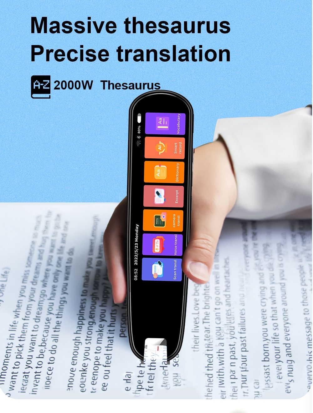 "Compact translation reading pen showing text and speech functions, supports 112 languages, ideal for students and travelers.