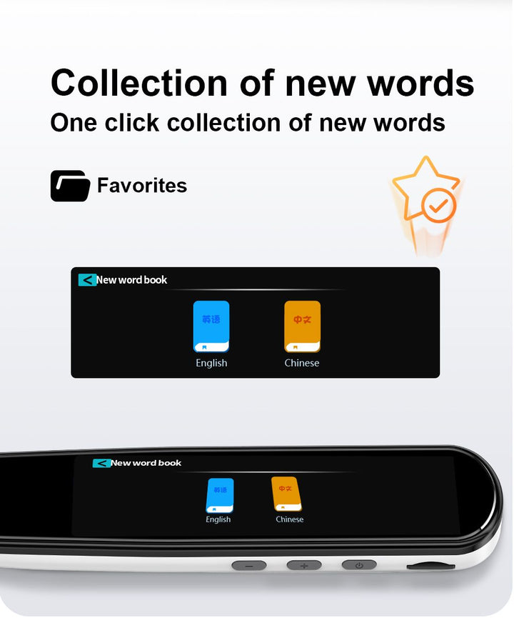 "Compact translation reading pen showing text and speech functions, supports 112 languages, ideal for students and travelers.